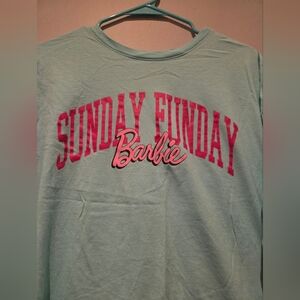Barbie Womens Aqua Tee With Pink Sunday Funday Barbie Graphics EUC Size L